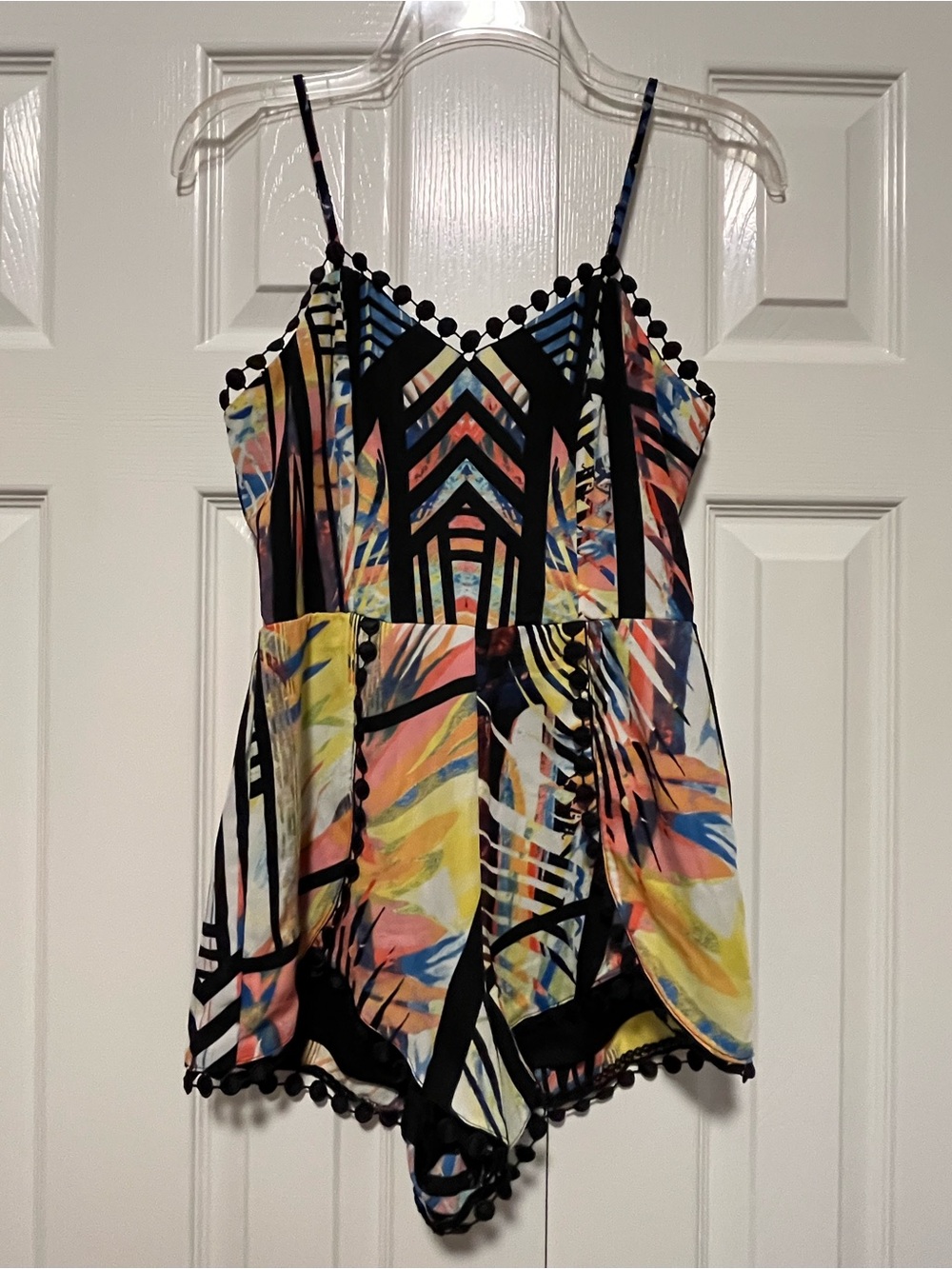 Abstract Multi-Color Strappy Romper with Black Trim